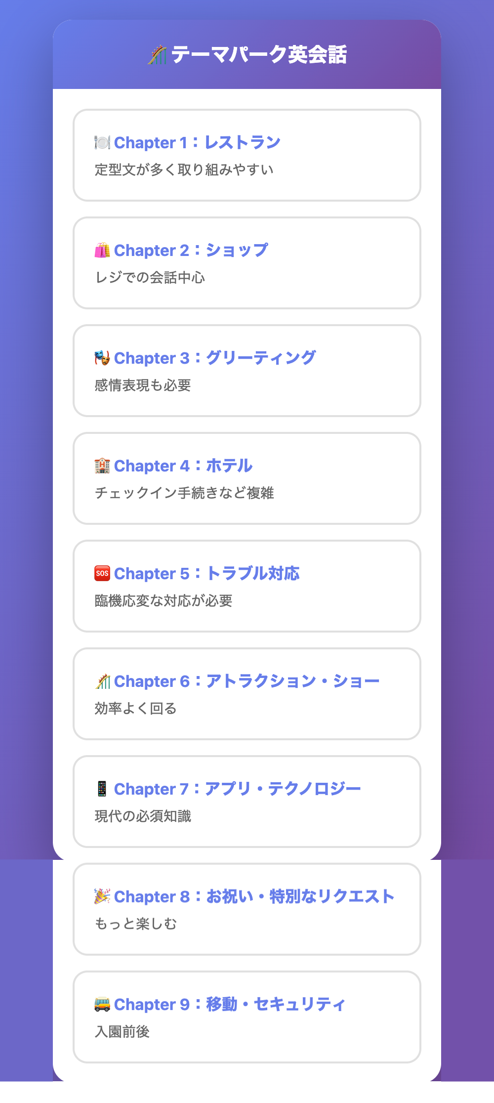 テーマパーク英語のアプリのメニュー